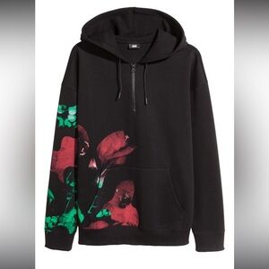 H&M Black Hoodie with Red and Green Floral Design